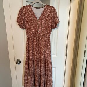Elegant Floral Midi Dress in Brown